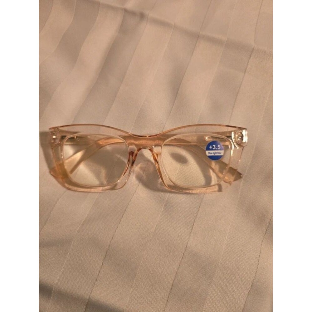 : +3.50 Clear Blush Blue Light Reading Glasses Thick Square Frame